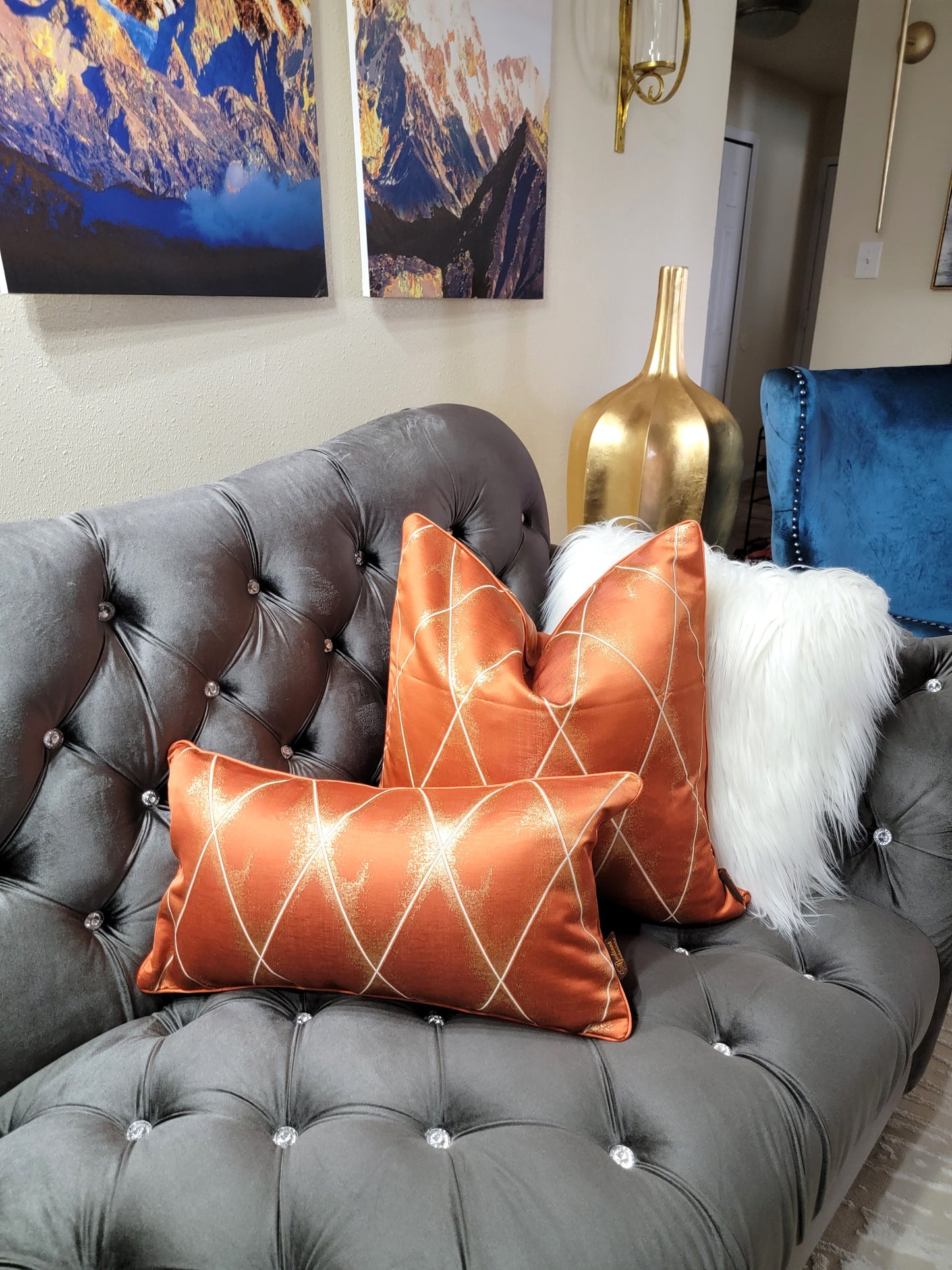 Orange Diamond Luxury Decorative Throw Pillow + Lumbar Pillow Combo
