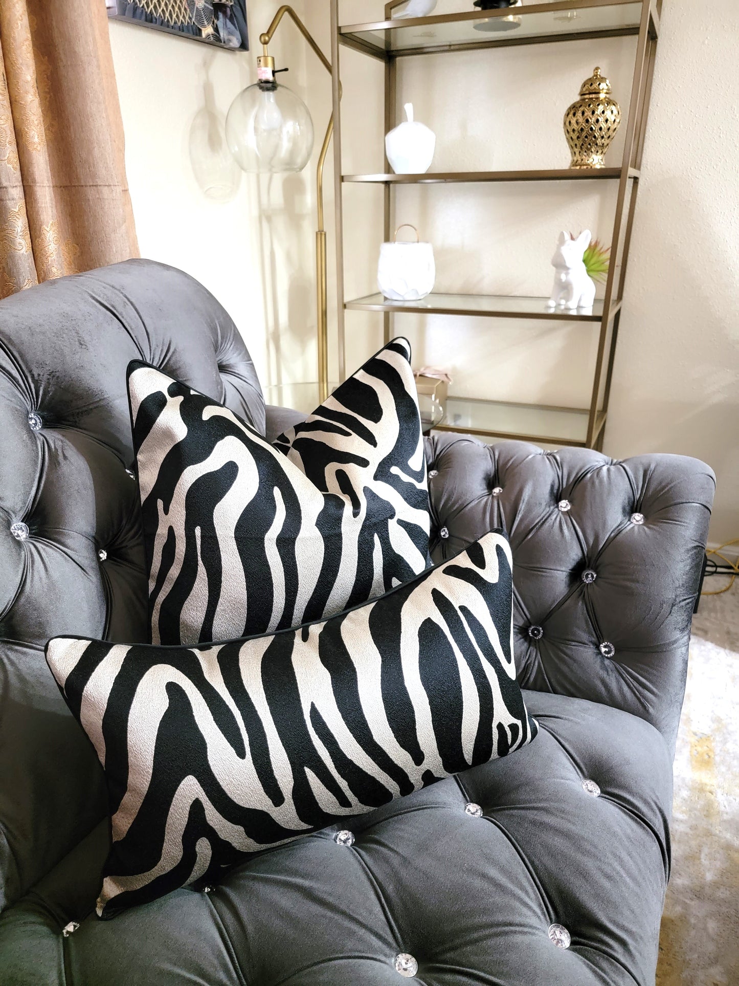 Black Zebra Patterned Luxury Decorative Throw Pillow + Lumbar Pillow Combo