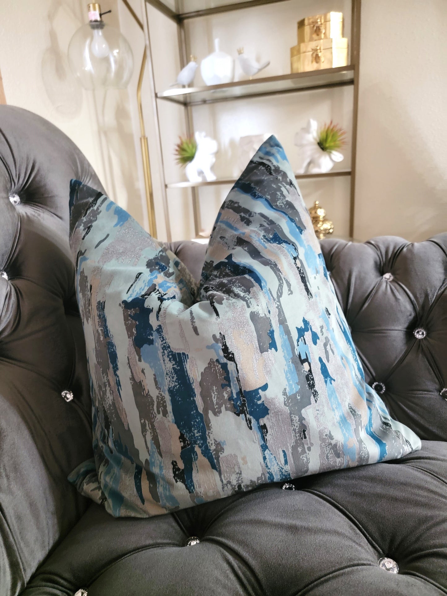 Abstract Brushed Blue Velvet Decorative Throw Pillows
