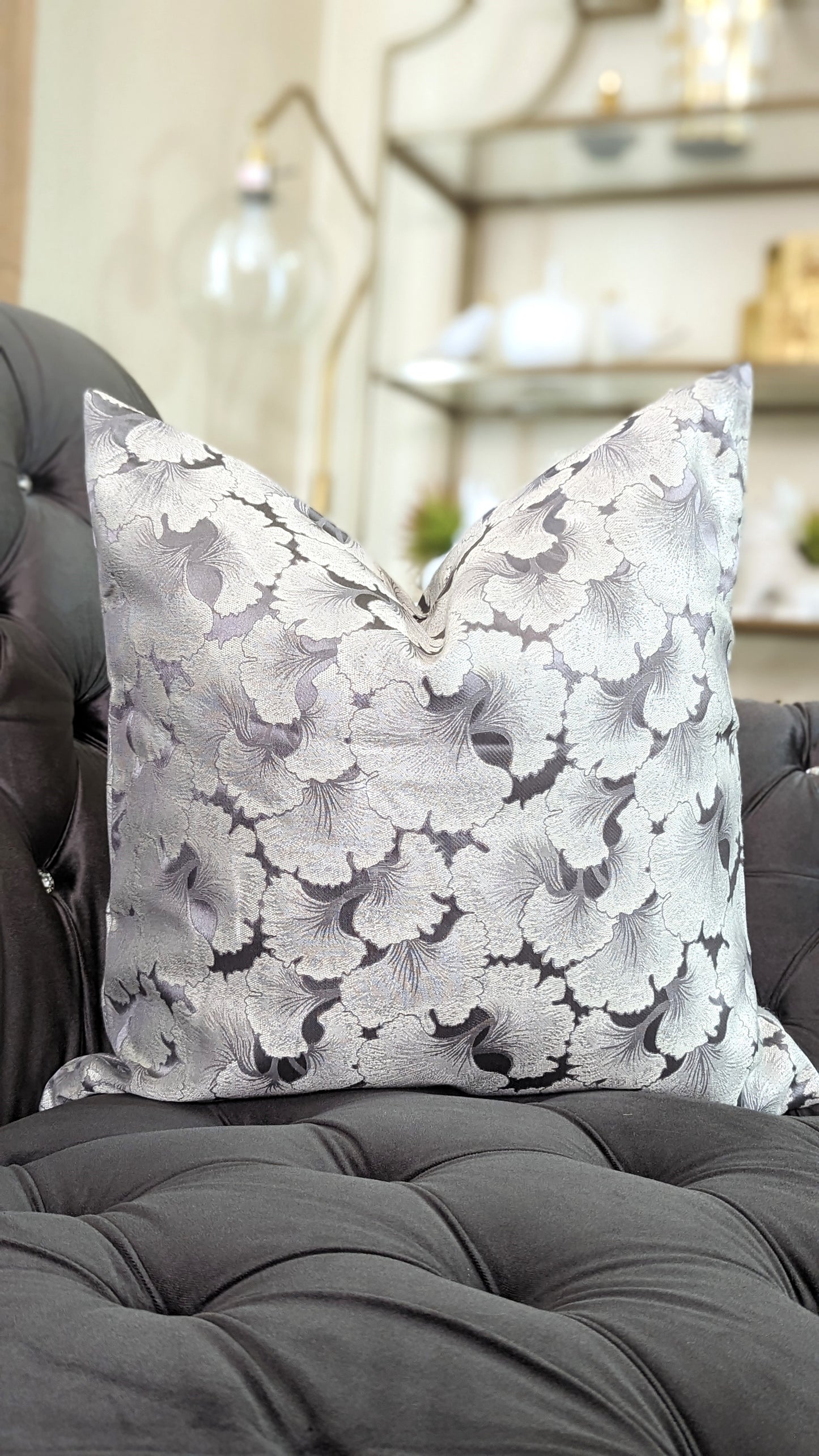 Gray Flowered Decorative Throw Pillow