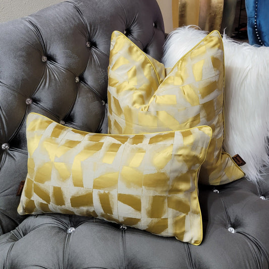 Yellow Stroke Patterned Luxury Decorative Throw Pillow + Lumbar Pillow Combo