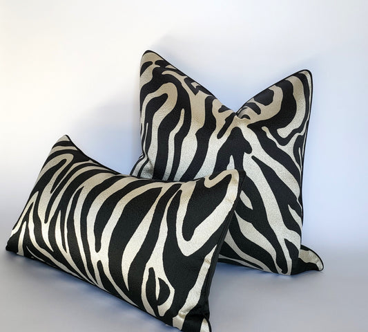 Black Zebra Patterned Luxury Decorative Throw Pillow + Lumbar Pillow Combo