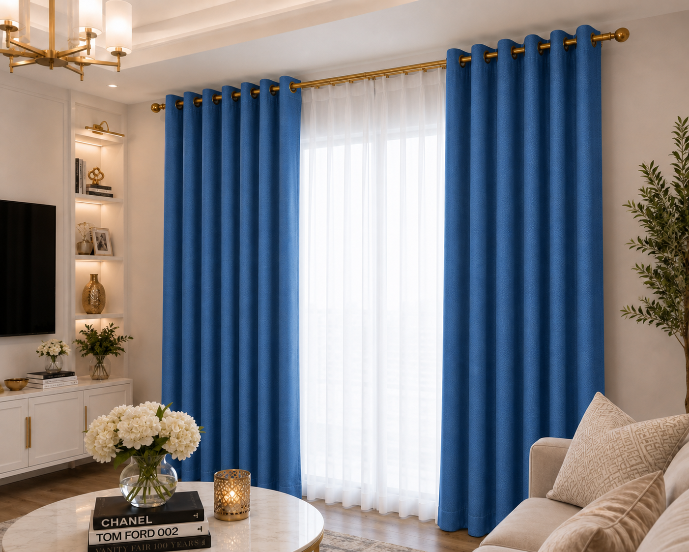 Blue curtain room styling