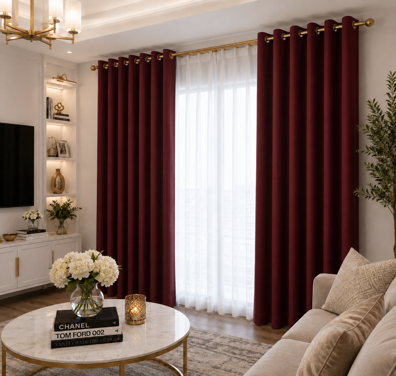 Burgundy curtain fabric and grommet detail