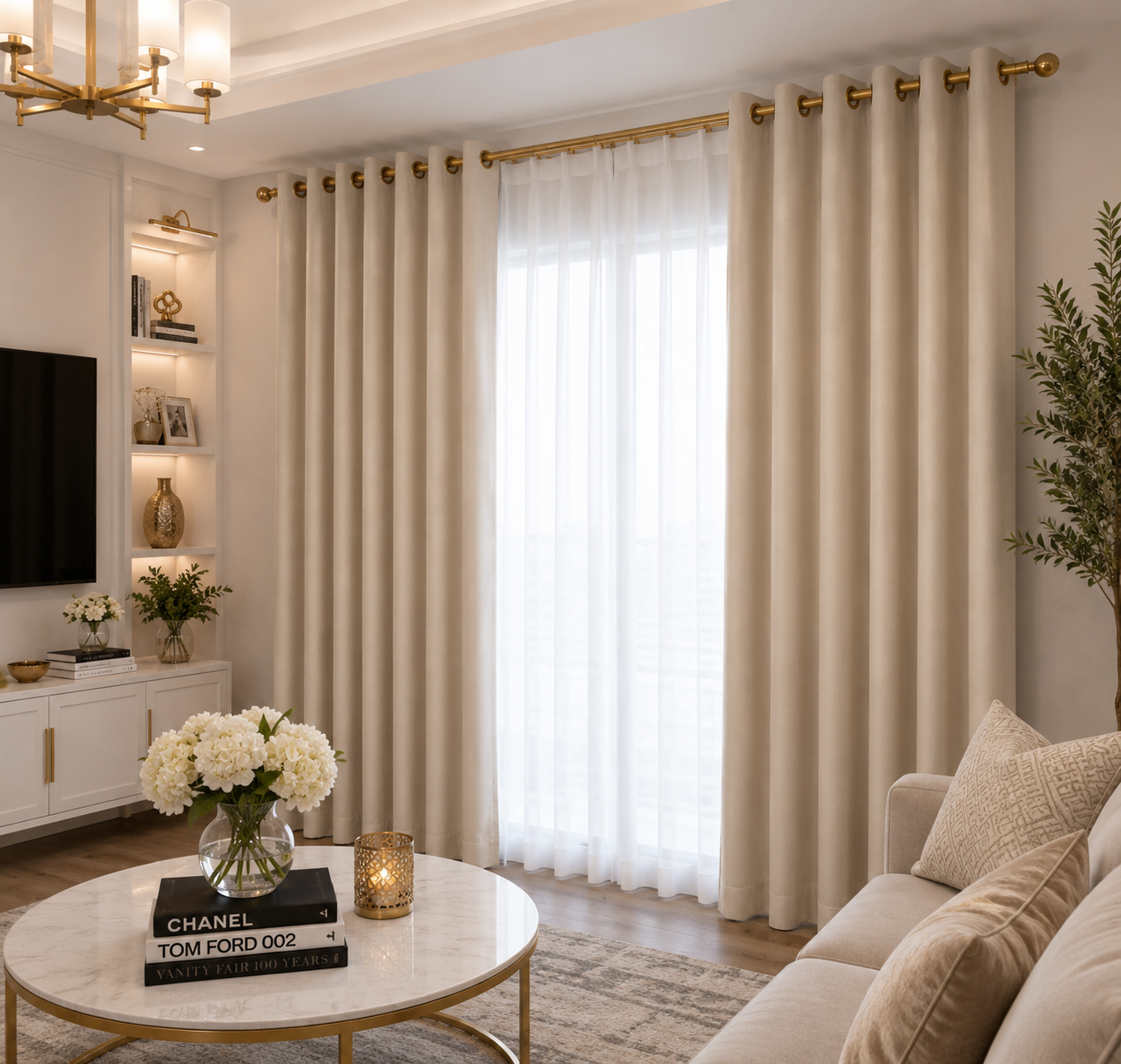 Champagne curtain fabric and grommet detail