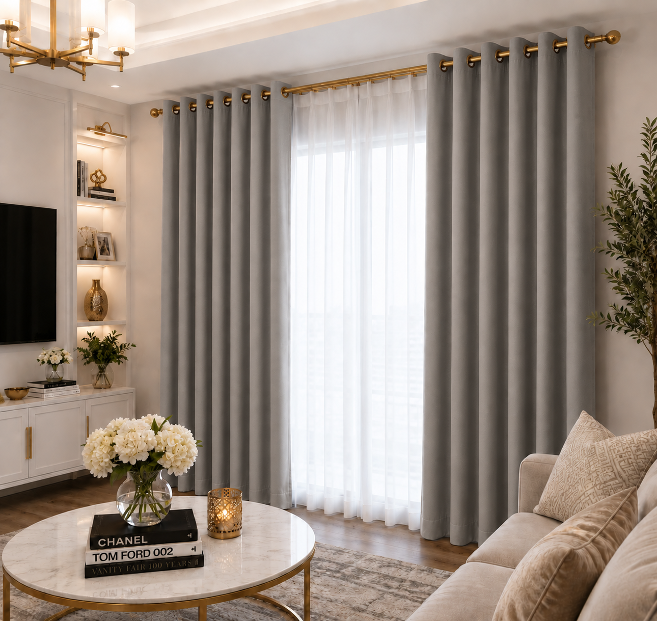 Gray curtain fabric and grommet detail