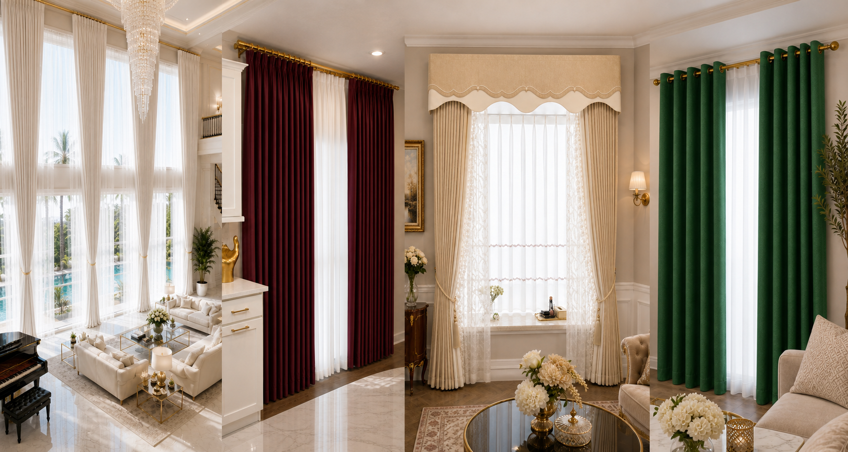 Tall-window, triple-pinch, valance and grommet curtain styles