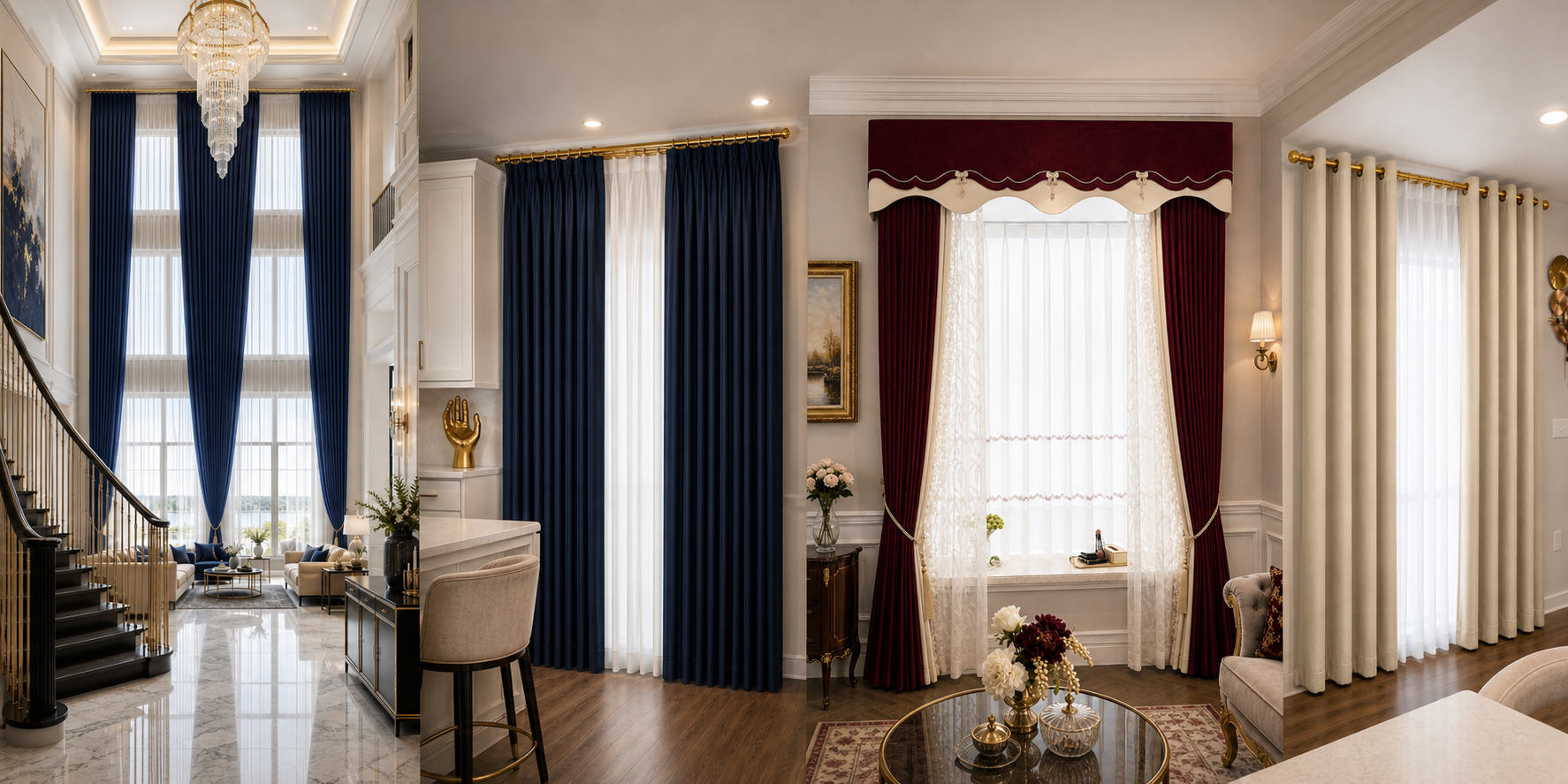 Navy tall-window, navy pinch-pleat, burgundy valance and champagne grommet curtains