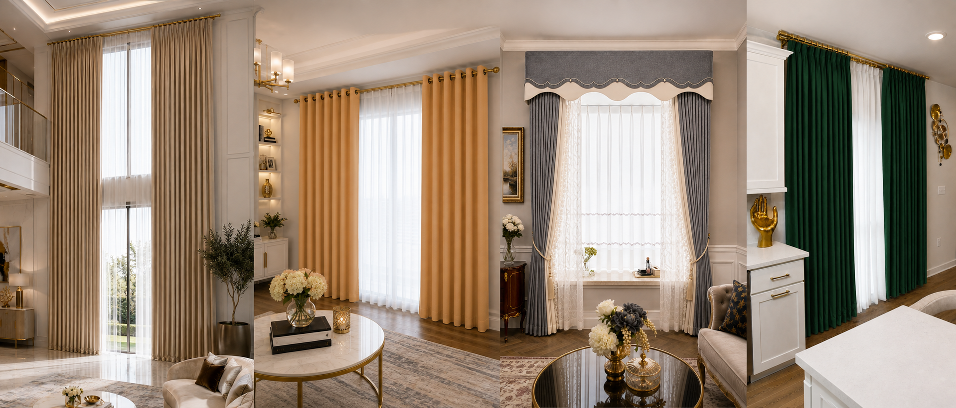 Champagne tall-window, caramel grommet, gray valance and emerald pinch-pleat curtains