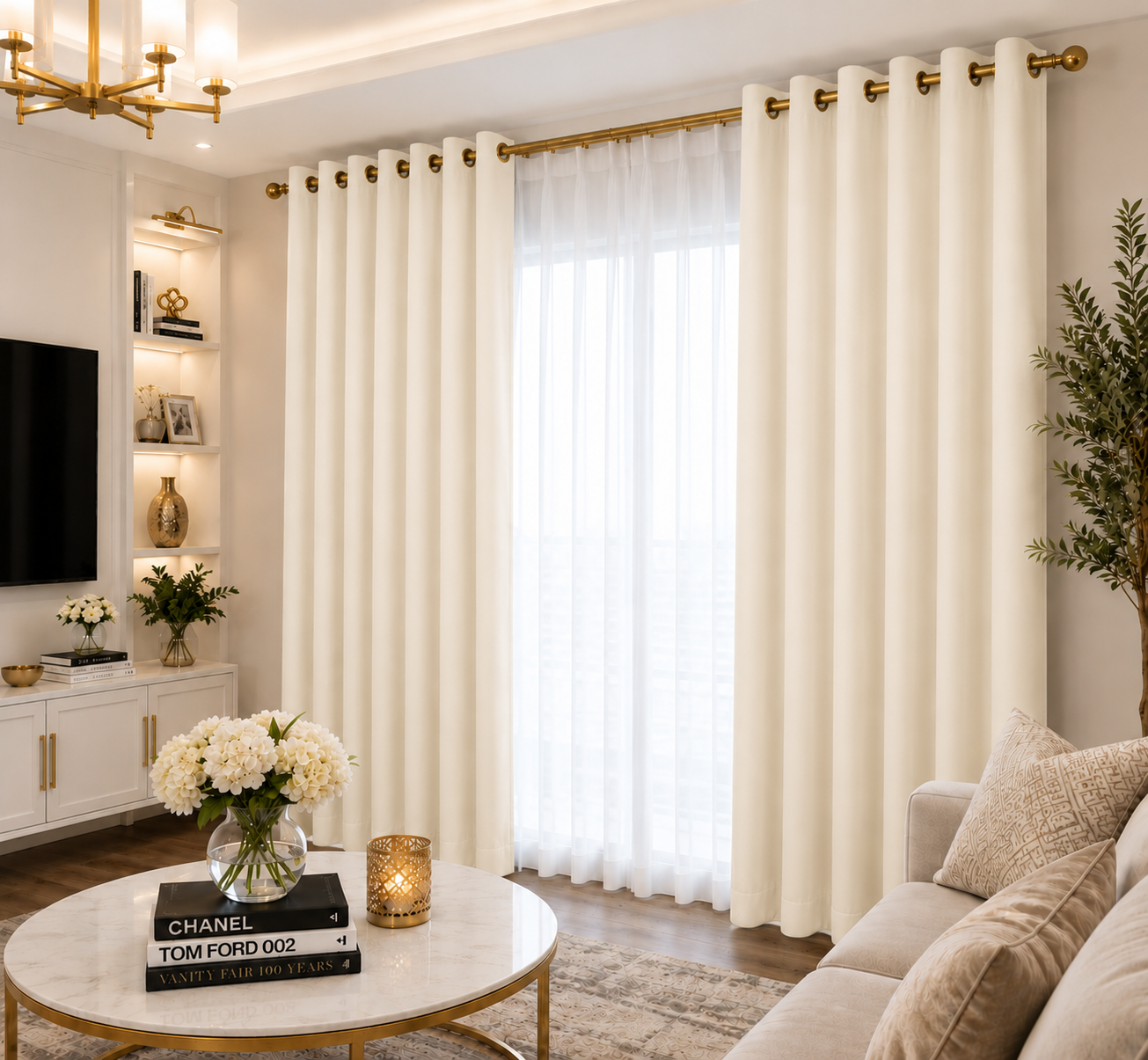 Ivory curtain fabric and grommet detail