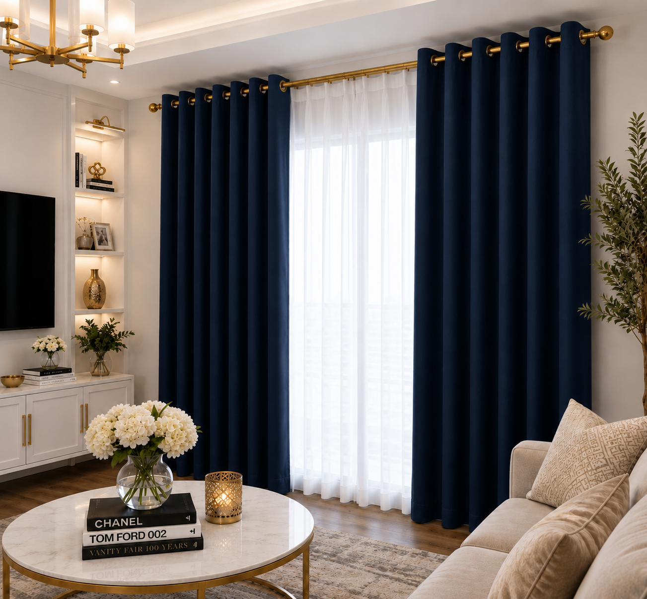 Navy curtain fabric and grommet detail