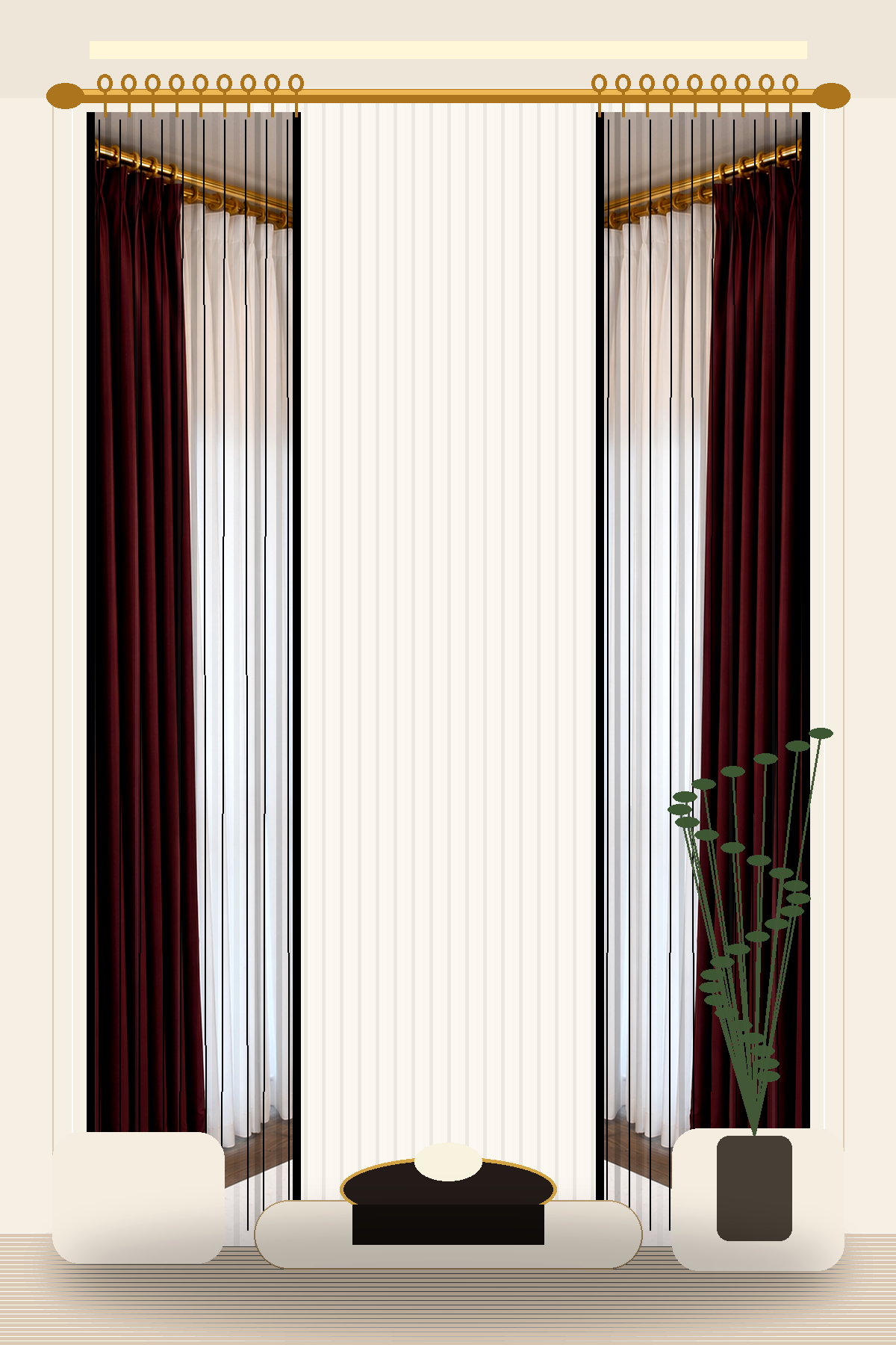 Burgundy tall wall curtains with gold hardware