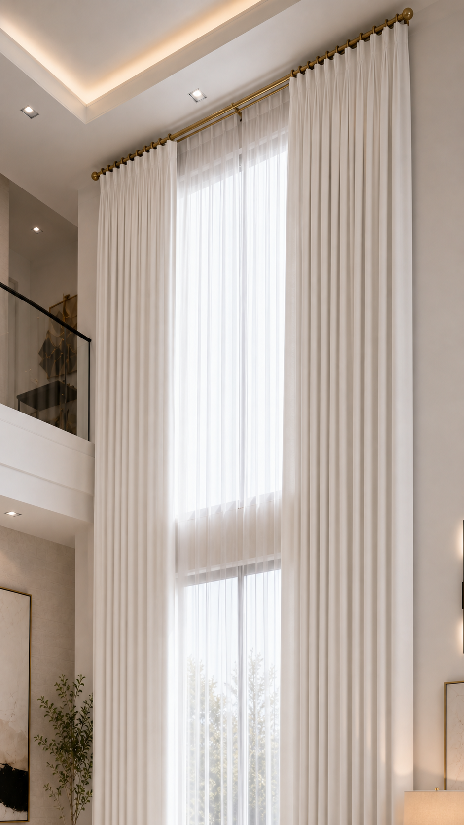 White tall window curtain styling