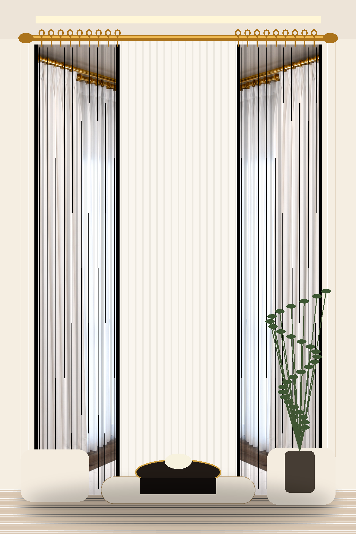 White tall wall curtains with gold hardware