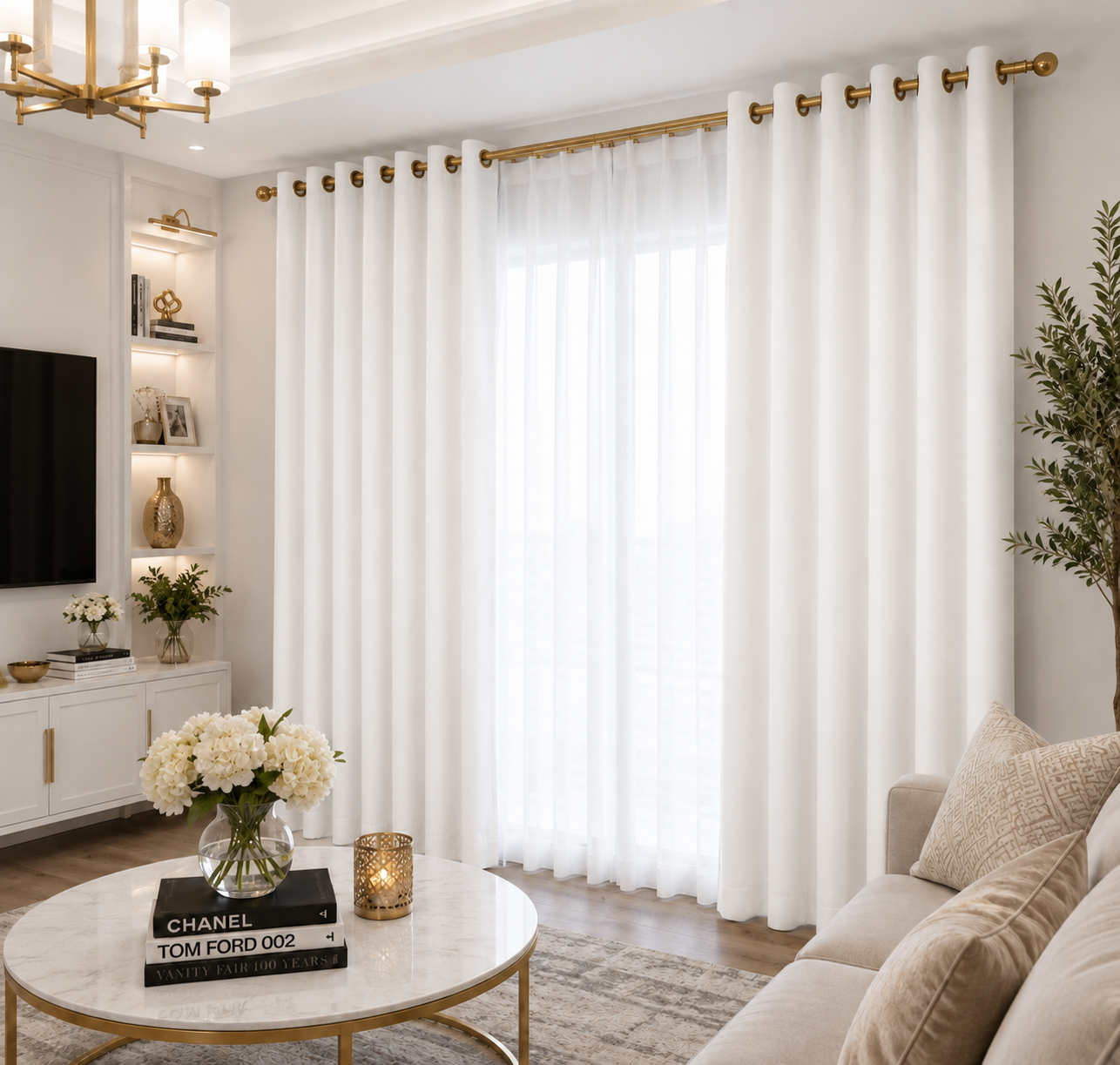 White curtain fabric and grommet detail