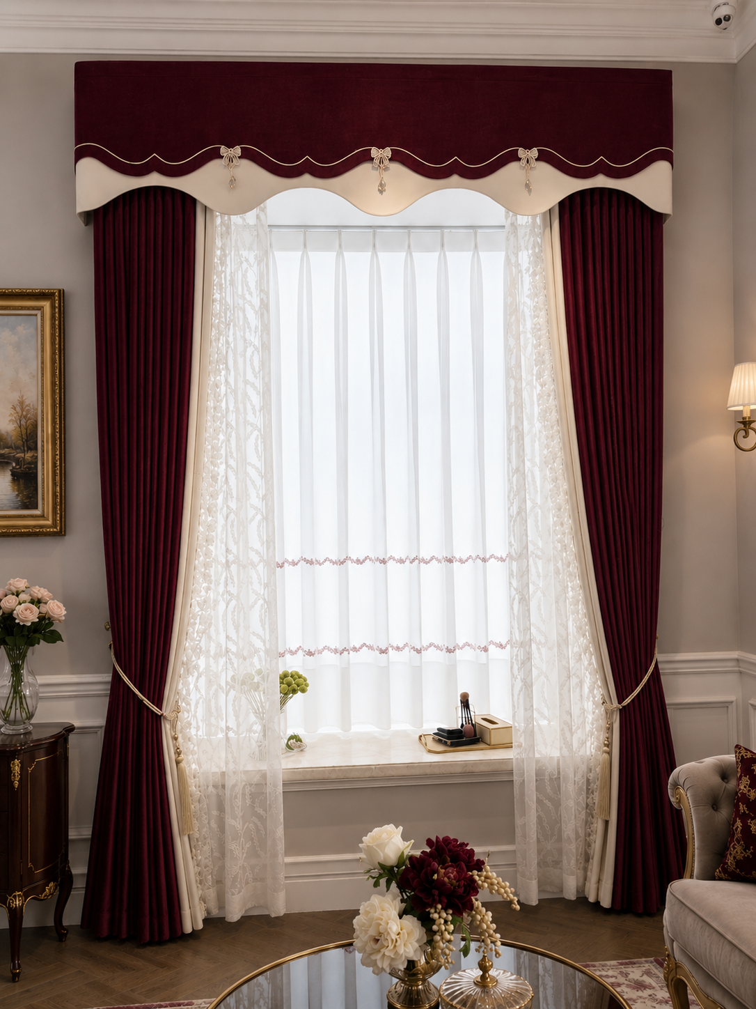 Burgundy valance in a professionally styled living room