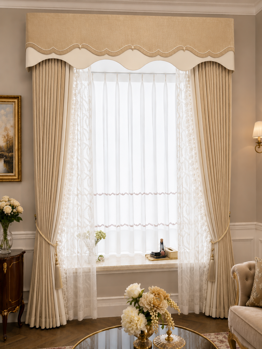 Champagne valance curtain style over sheer curtains