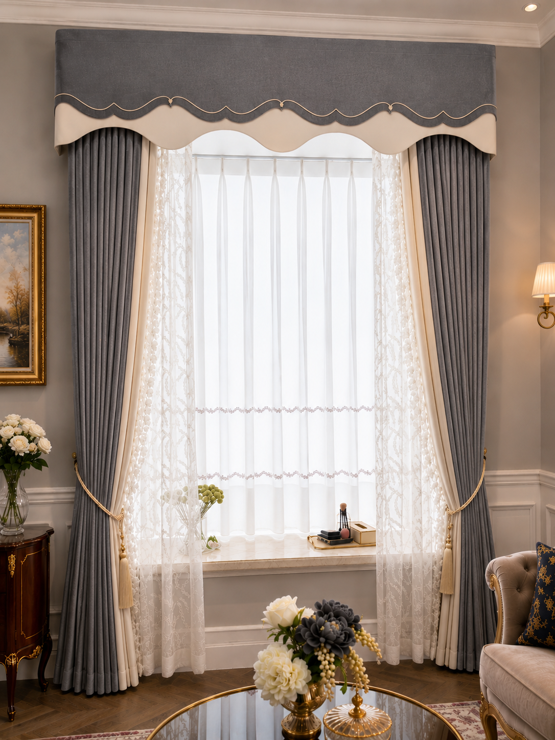 Gray valance in a professionally styled living room