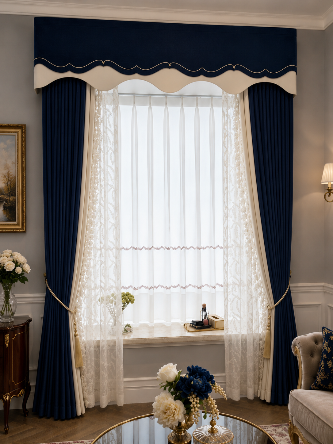 Navy Blue valance in a professionally styled living room