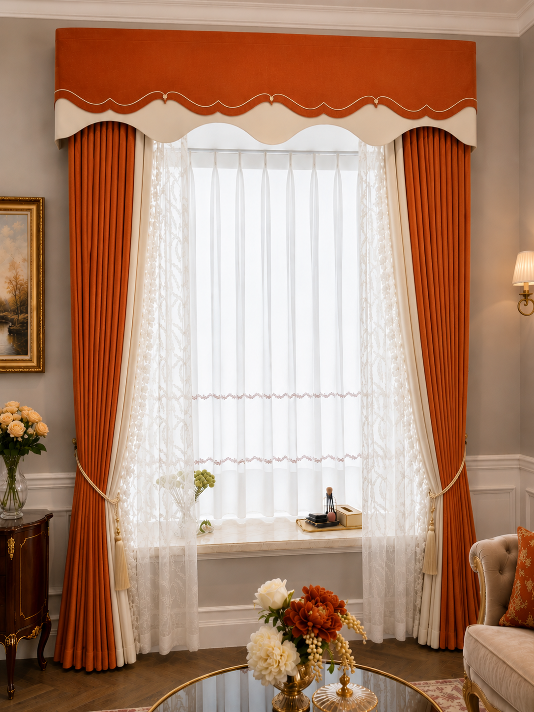 Orange valance in a professionally styled dining room