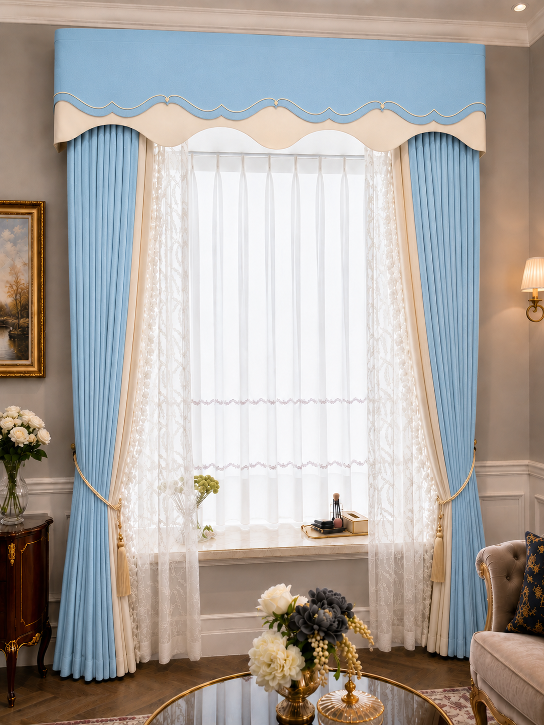 Sky Blue valance with coordinated pleated drapes and lace sheers